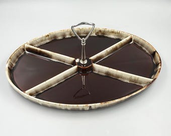 Vintage Pfaltzgraff Gourmet Brown Drip Divided Relish Tray • MCM Stoneware Appetizer Handled Platter