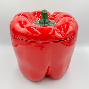 Vintage koekjestrommel rode peper • jaren 60 vakantiedesign aardewerk VS