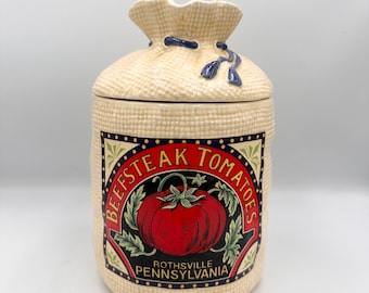Vintage 1980s Hearth & Home Designs Beefsteak Tomatoes Canister • Burlap Sack Cookie Jar