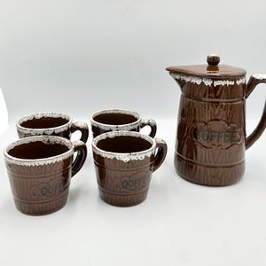 Vintage Nasco Del Coronado "Barrel" kaffekanna och muggar • 1950-talets bruna droppglasyr
