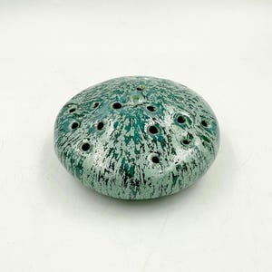 Ellen B Wright Studio Pottery Flower Frog • MCM Teal Splatter Glaze Vase