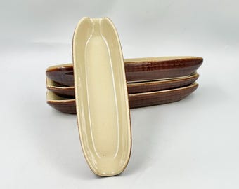 Vintage Ceramic Corn Dishes – Set of 4, Brown Cream Glazed Corn Boats