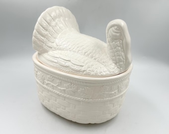 Vintage Ceramic Turkey on Nest Covered Dish - 1980s Retro Tureen Canister