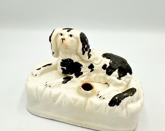 Antique Staffordshire Spaniel Quill Holder • Victorian Desk Stand