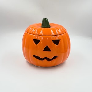 Vintage 1980s Marcia Ceramics of California 8” Jack-O'-Lantern Cookie Jar & Luminary • Pumpkin Candy Dish