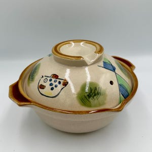 Donabe de Taihodo con forma de pez globo vintage • Cazuela de barro esmaltado con tapa