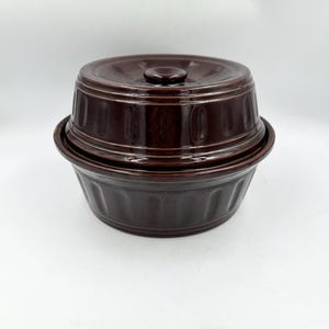 Vintage Brown Glazed Stoneware Covered Casserole Dish • MCM USA Pottery Ribbed Bean Pot Crock