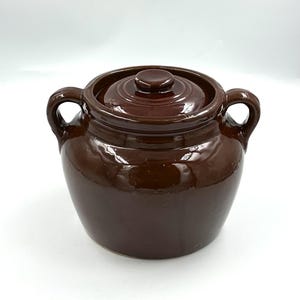 Vintage Brown Glazed Stoneware Bean Pot with Lid • 2 Qt Mid-Century Crock USA