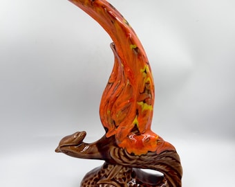 Vintage MCM Ceramic Pheasant Figurine • 1960s Orange Drip Lava Glaze Sculpture