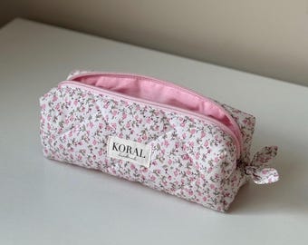 Handmade Floral Pencil Case Quilted Cotton Zipper Pouch Pink Pen and Pencil Organizer