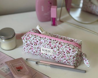 Floral Pencil Case, Cotton Zipper Pouch, Handmade Cosmetic Bag, Stationery Organizer