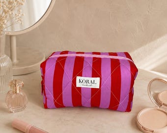 Pink and Red Striped Quilted Makeup Bag: Handmade Zip Cosmetic Pouch
