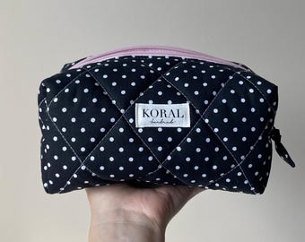 Quilted Polka Dot Makeup Bag Black Cotton Cosmetic Pouch with Soft Pink Interior Bow Detail Handmade Gift Idea for Her
