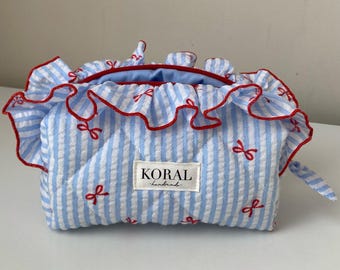 Ruffle Makeup Bag Coquette Red Bows Blue Stripe Gift for Hear