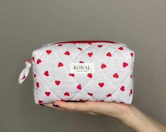 Heart Print Cosmetic Bag | Handmade Makeup Pouch | Cute Travel Toiletry Bag | Zipper Pouch Gift for Women