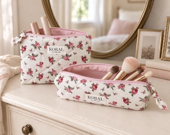 Floral Pencil Case and Makeup Bag Gift Set Handmade Quilted Pouch Teacher Gift Friend Gift Cosmetic Organizer Pink Rose Accessory Set