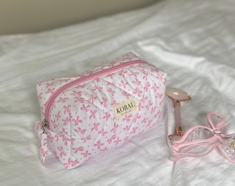Pink Bow Quilted Makeup Bag, Balletcore Cosmetic Pouch, Handmade Travel Toiletry Bag