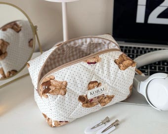 Handmade Quilted Teddy Bear Cosmetic Bag Brown Beige Makeup Bag Travel Toiletry Pouch Gift for Her