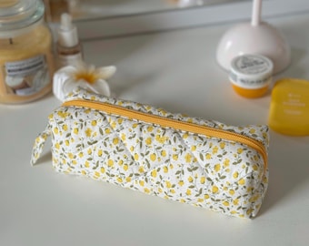 Floral Pencil Case Zipper Pouch Cosmetic Bag Handmade Gift for Her Yellow Makeup Bag