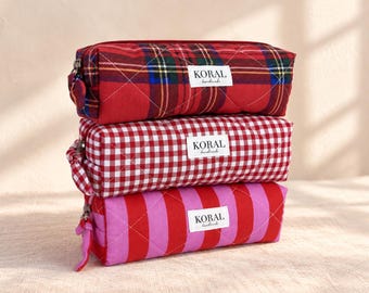 Handmade Quilted Pencil Case Red Check Christmas Tartan Candy Stripe Zipper Pouch Gift for Teacher Coworker or Friend