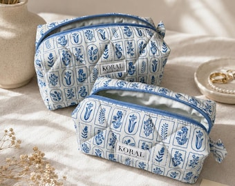 Kosmetiktasche Set Botanischer Druck Blau Gesteppte Tasche Personalisierte Schlüsselbund Geschenk
