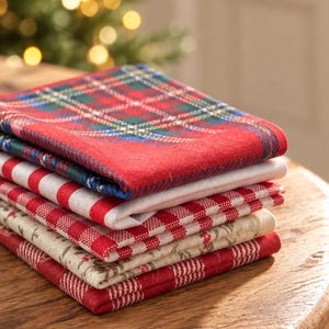 Op de afbeelding: Een stapel van vijf gevouwen stoffen servetten met diverse patronen, waaronder een rood, groen en blauw ruitpatroon, een effen witte, een rood-witte vichy-ruit, een beige stof met een subtiel rood patroon en een rood-wit ruitontwerp.