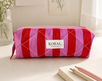 Pink and Red Striped Pencil Case: Handmade Quilted Cotton Zipper Pouch, Back to School Gift