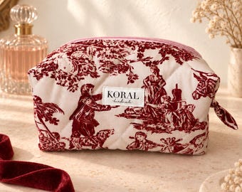 Burgundy French Style Makeup Bag, Quilted Toile Cosmetic Pouch, Handmade Travel Toiletry Bag for Women