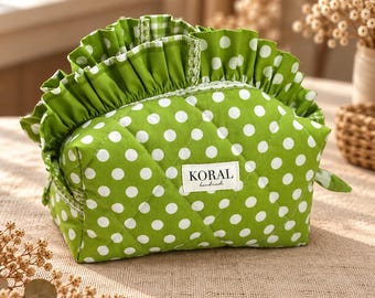 Handmade Green Polka Dot Cosmetic Bag with Pink Lining in Patchwork Style