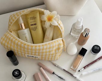Yellow Gingham Quilted Makeup Bag, Cosmetic Bag, Travel Toiletry Bag, Aesthetic Makeup Pouch, Cute Gift for Her