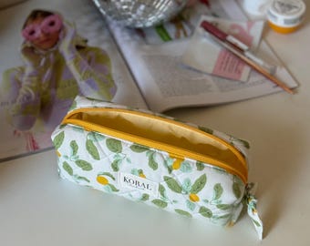 Pensil Case with Lemon,Soft Quilted Organizer Handmade,Bow with Zipper