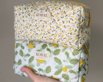 Quilted Lemon Makeup Bag | Soft Cosmetic Pouch | Travel Toiletry Bag
