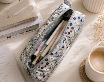 Handmade Pencil Pouch Floral Quilted Pencil Case Cotton Zipper Pouch for School College & Office Gift for Teacher Gift for Friend