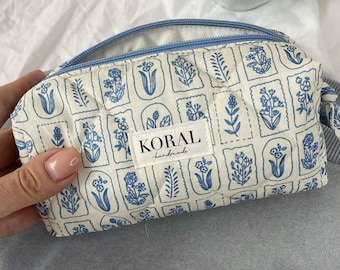 Blue Botanical Makeup Bag, Floral Toiletry Pouch, Handmade Cosmetic Organizer, Cottagecore Gift for Women