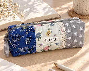 Handmade Patchwork Pencil Case, Blue Floral Quilted Cotton Zipper Pouch, Pen and Pencil Organizer