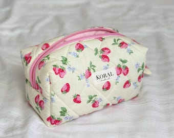 Handmade Strawberry Cosmetic Bag, Quilted Zipper Pouch, Travel Beauty Organizer