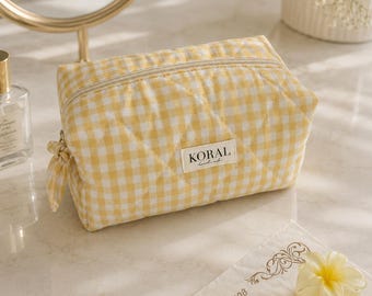 Handmade Yellow Quilted Checkered Cosmetic Bag Cute Toiletry Organizer Gift for Her Soft Padded Cosmetic Pouch with Bow