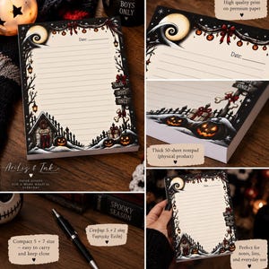 May include: A 5 by 7 inch lined notepad featuring a dark, festive illustration with a moon, hanging ornaments, a Santa house, and jack-o'-lanterns. The design includes a signpost labeled GHOUL BOYS ONLY, a gift box, and a date line at the top.