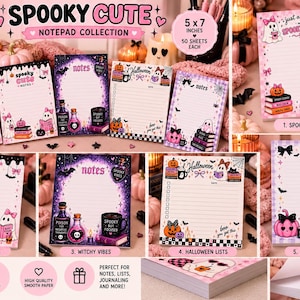 May include: A Spooky Cute notepad collection featuring five distinct designs with ghosts, pumpkins, and potion bottles. Each notepad measures 5 by 7 inches and contains 50 sheets. The designs include text like Spooky Plans, Notes, and Witchy Vibes, all illustrated in a pink, purple, and black color palette.