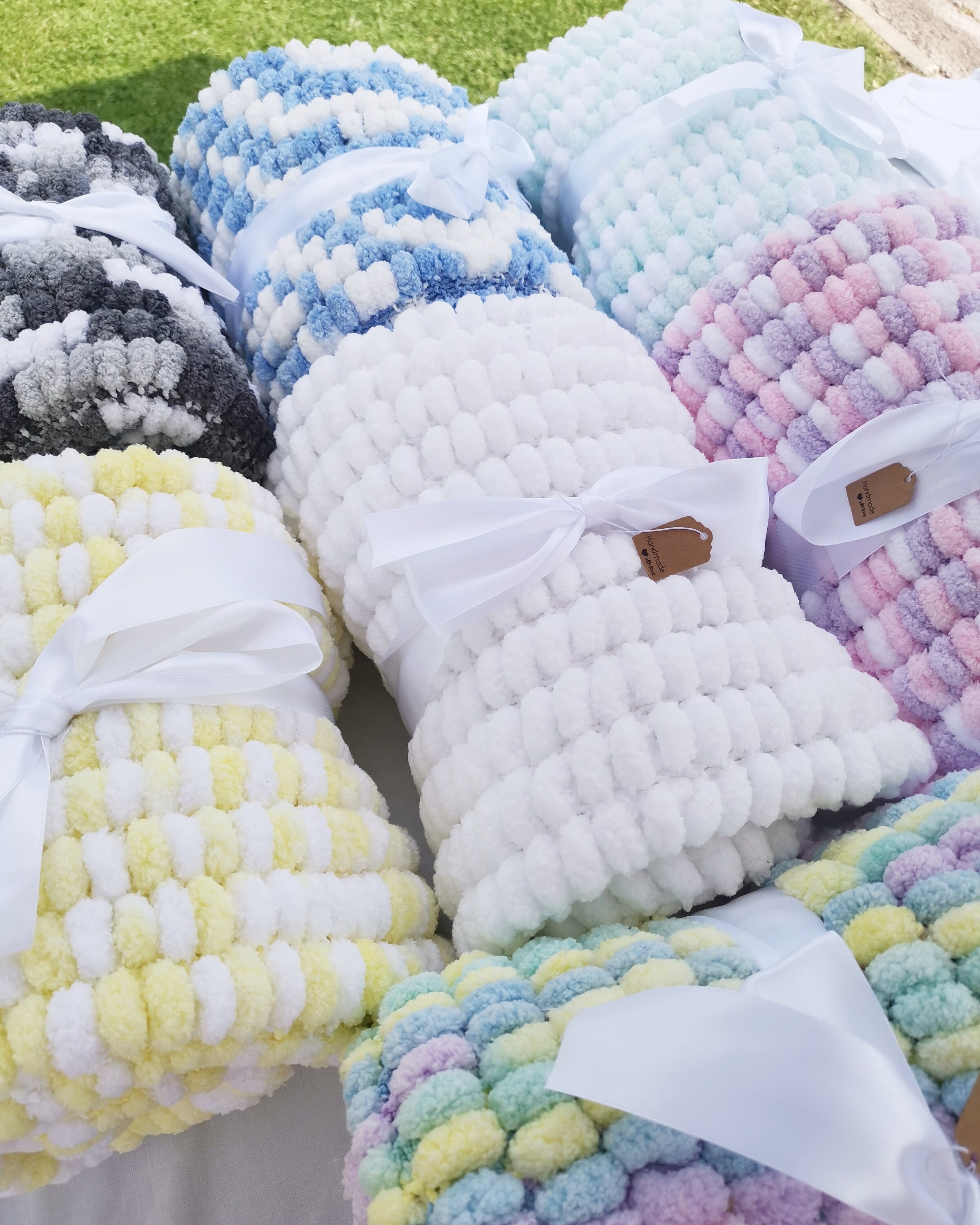 Handmade Knitted Pom Pom Baby Blanket Etsy UK