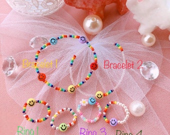 Cute Smiley Rainbow Bracelet & Ring - Cute Gift for a girl, Beads Ring, Beads Bracelet, Friendship Jewelry, Rainbow, Pearl, Lovely Jewelry