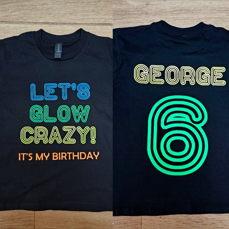 Personalised Neon UV Glow Child Kids T shirt Girl/Boy Unisex T shirt,,gift for kids, Party Tshirt Birthday, fluorescent, age and name. image 1
