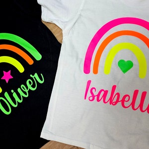UV Neon rainbow personalised Glow Child Kids T shirt Girl/Boy Unisex T shirt, 0-13 years, gift for kids, Party Tshirt Birthday, fluorescent