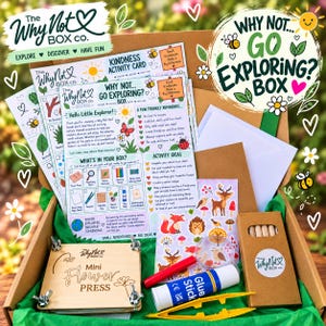 May include: A cardboard box containing a nature exploration kit with printed activity cards, a wooden mini flower press with metal hardware, a magnifying glass, a glue stick, yellow plastic tweezers, a box of pencils, and a sheet of animal stickers.