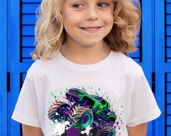 Koszulka dziecięca z nadrukiem Monster Truck w kolorze neonowym, spersonalizowana, dla dziewczynek/chłopców, unisex, 0-13 lat, prezent dla dzieci, koszulka na imprezę, urodziny