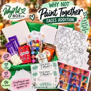May include: A craft kit box containing blank canvases, paint brushes, a paint palette with various colours, a bag of white sweets, a box of Celebrations chocolates, a bag of Walkers salted caramel snacks, and several line art drawing sheets.