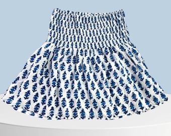 Hand Block Print Mini Skirt | Blue & White Smocked Cotton  Miniskirt