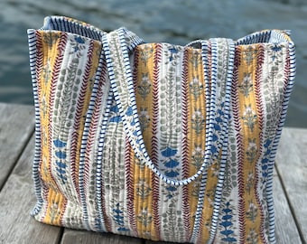 Provence Block Print Quilted Cotton Tote Bag: Reversible Provence Beach Bag