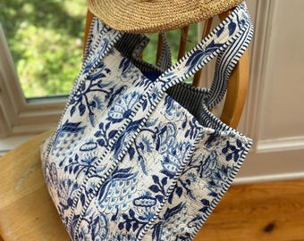 Block Printed Quilted Tote Bag: Blue Floral Cotton Reversible Shoulder Bag