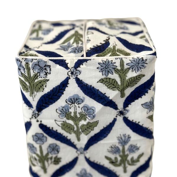 Hand Block Print Cotton Tissue Box Cover | Square Cotton Tissue Cover | White and Blue Floral Tissue Box Cover | Unique Hostess Gift